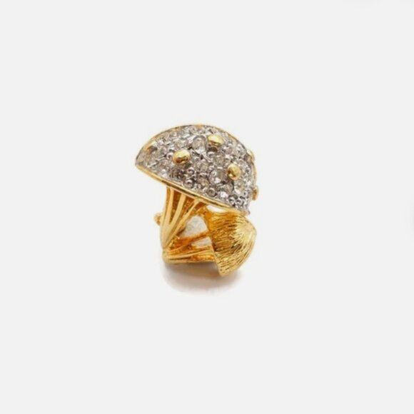 Vintage Mushroom Brooch Pin w/Sparkling Pavé Rhinestone Dome Gold & Silver Tone - Picture 6 of 6